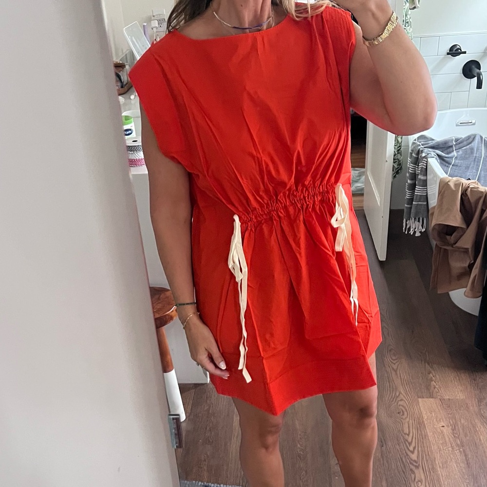 🪅Cotton Poplin red-orange cinch waist cap sleeve Sundress banana republic L - Picture 5 of 8